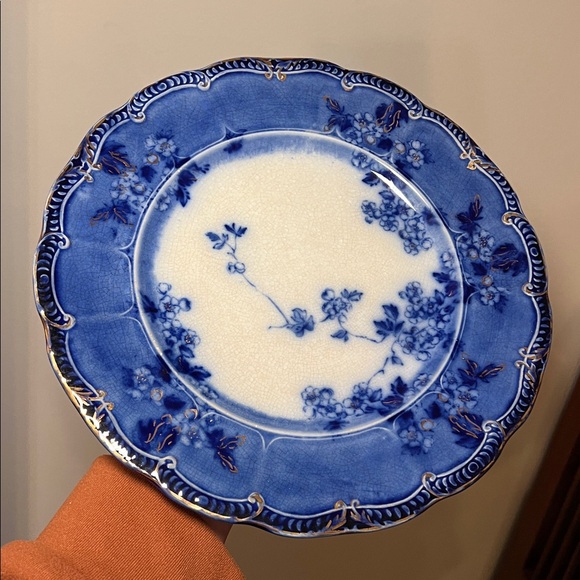 Antique Lugano Floral Late 1800s Flow Blue and White Gold Rim Porcelain Plate